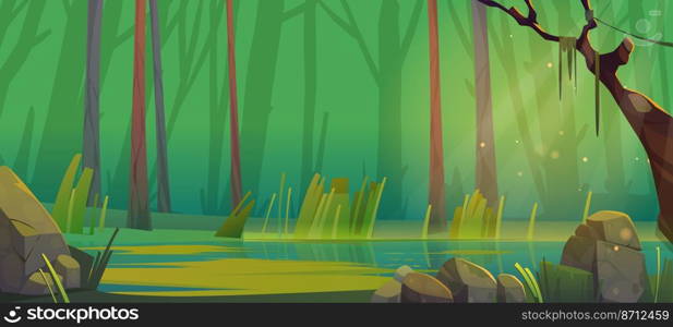 Cartoon forest pond or sw&background. Summer nature landscape with tree trunks, lianas, green grass and rocks round quagmire water. Beautiful scenery view, deep wood with plants Vector illustration. Cartoon forest pond or sw&background, deep wood