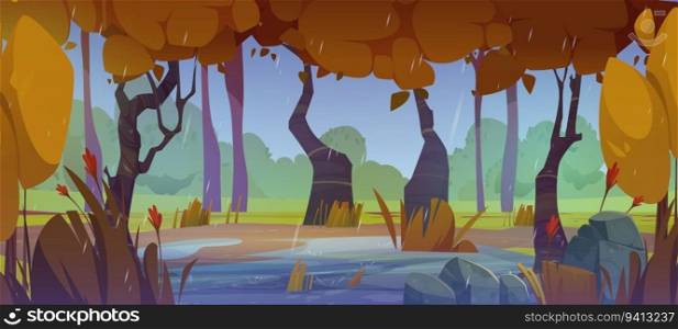 Cartoon forest rain landscape vector background. Water drop falling in rainy puddle. Woodland wildlife meadow with flower, autumn season tree and cold weather in beautiful game location design.. Cartoon forest rain landscape vector background