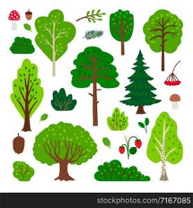 Cartoon forest tree set. Simple vector green tree set isolated on white background. Cartoon forest tree set