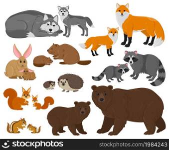 Cartoon forest woodland animals mothers with cute babies. Forest wild animals parent, woods fauna mothers children vector illustration set. Animals mom and kids. Mother parent and kids forest animal. Cartoon forest woodland animals mothers with cute babies. Forest wild animals parent, woods fauna mothers and children vector illustration set. Animals mom and kids