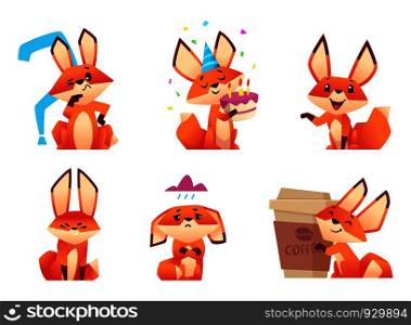 Cartoon fox characters. Orange fluffy wild animals poses and emotions zoo vector illustrations. Fox animal muzzle wicked and pensive. Cartoon fox characters. Orange fluffy wild animals poses and emotions zoo vector illustrations
