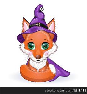 Cartoon fox in a purple witch hat and cloak. Halloween poster. Cartoon fox in a purple witch hat and cloak. Halloween