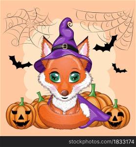 Cartoon fox in a purple witch hat and cloak on the background of the castle, pumpkin, moon. Halloween poster. Cartoon fox in a purple witch hat and cloak on the background of the castle, pumpkin, moon. Halloween