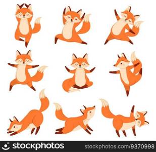 Cartoon fox in yoga poses. Healthy gymnastics, breathing exercises and sport animal mascot. Foxes fitness sport, animals gymnast character. Isolated vector illustration icons set. Cartoon fox in yoga poses. Healthy gymnastics, breathing exercises and sport animal mascot vector illustration set