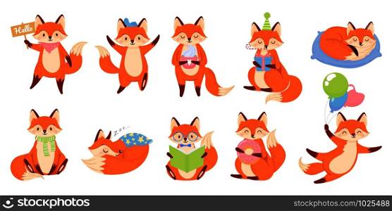 Cartoon fox mascot. Funny animal character, cute red foxes with black paws. Foxy mammal, clever fur predator animal or forest funny fox. Isolated vector illustration icons set. Cartoon fox mascot. Funny animal character, cute red foxes with black paws vector illustration set