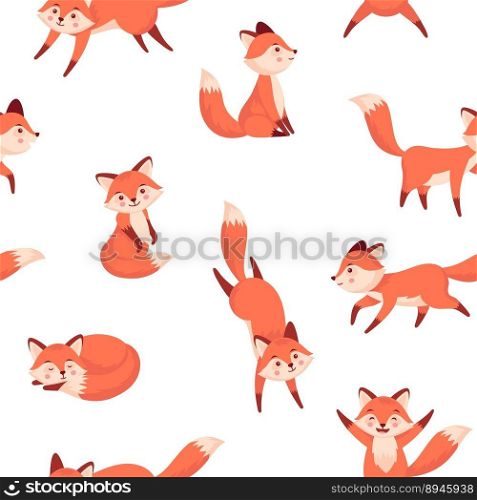Cartoon fox pattern. Seamless print with cute forest animal characters in different poses for wrapping, wallpaper, fabric, endless background. Vector texture with fox animal character illustration. Cartoon fox pattern. Seamless print with cute forest animal characters in different poses for wrapping, wallpaper, fabric, endless background. Vector texture