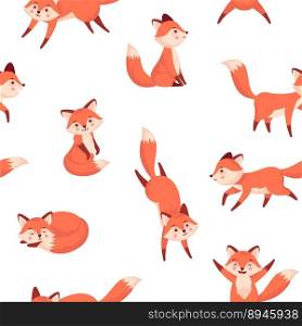 Cartoon fox pattern. Seamless print with cute forest animal characters in different poses for wrapping, wallpaper, fabric, endless background. Vector texture with fox animal character illustration. Cartoon fox pattern. Seamless print with cute forest animal characters in different poses for wrapping, wallpaper, fabric, endless background. Vector texture