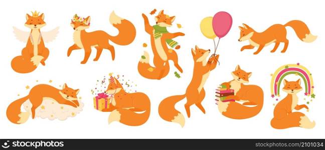 Cartoon foxes, cute red fox sleeping, sitting or jumping. Funny forest animals, wildlife animal mascot characters in various poses vector set. Adorable fox holding balloons, enjoying autumn leaves. Cartoon foxes, cute red fox sleeping, sitting or jumping. Funny forest animals, wildlife animal mascot characters in various poses vector set