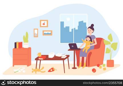 Cartoon freelance woman holding child and working remotely at home. Staying home with little baby. Mom with kid on quarantine sitting at table with laptop. Messy room vector illustration. Cartoon freelance woman holding child and working remotely at home. Staying home with little baby. Mom with kid