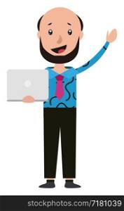 Cartoon freelancer holding his notebook and waving illustration vector on white background