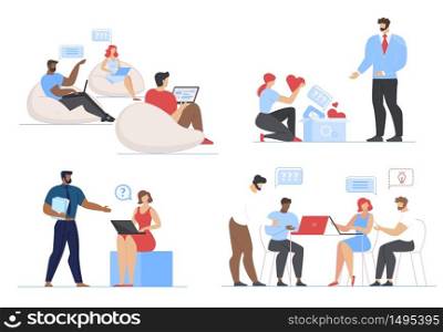 Cartoon Freelancers People Characters Working on Laptop Together Flat Set. Bloggers Sharing Coworking Space. Man and Woman Chatting in Social Media. Flexible Work Schedule. Vector Illustration. Freelancers People Working on Laptop Together Set