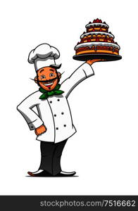 Cartoon french chef presenting the tray with tiered chocolate cake topped with buttercream and fresh berries. Pastry and confectionery shop or restaurant menu themes. Cartoon french chef with chocolate cake