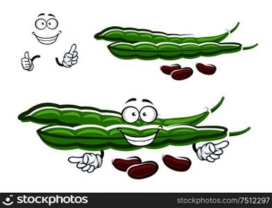 Cartoon fresh green bean pods character with brown beans and joyful smiling face, for healthy food or agriculture themes. Cartoon bean pods with brown beans