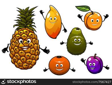 Cartoon fresh tropical fruits set with a happy smiling plum, pineapple, apricot, orange, peach, mango and avocado