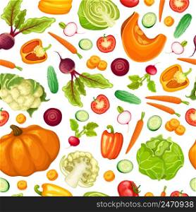 Cartoon fresh vegetables seamless pattern with beet pepper cabbage cauliflower tomato carrot pumpkin cucumber radish vector illustration. Cartoon Fresh Vegetables Seamless Pattern
