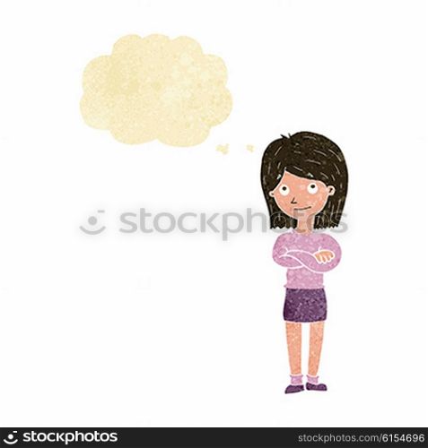 cartoon friendly girl rolling eyes with thought bubble