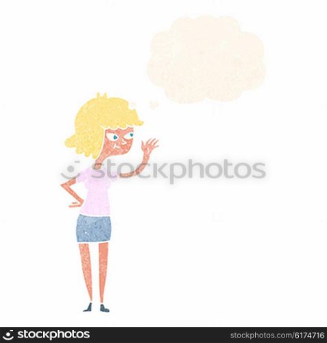 cartoon friendly girl waving with thought bubble