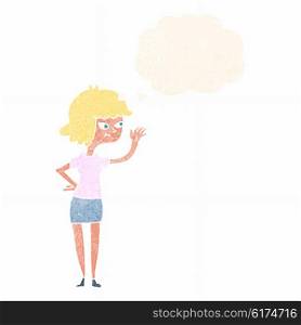 cartoon friendly girl waving with thought bubble