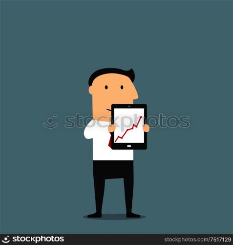 Cartoon friendly smiling businessman is presenting a tablet pc with rising graph. May be used as presentation, financial report, business project or advertisement design. Businessman is showing a tablet with rising graph