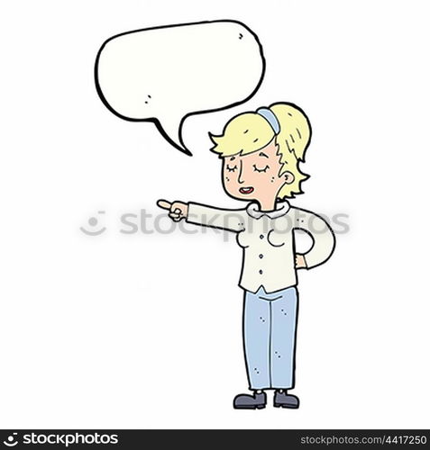 cartoon friendly woman pointing with speech bubble