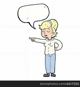 cartoon friendly woman pointing with speech bubble