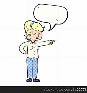 cartoon friendly woman pointing with speech bubble