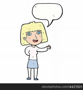 cartoon friendly woman waving with speech bubble