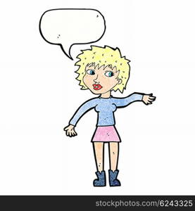 cartoon friendly woman waving with speech bubble