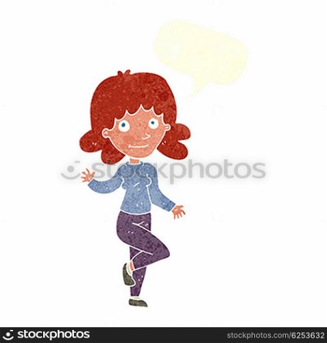 cartoon friendly woman waving with speech bubble