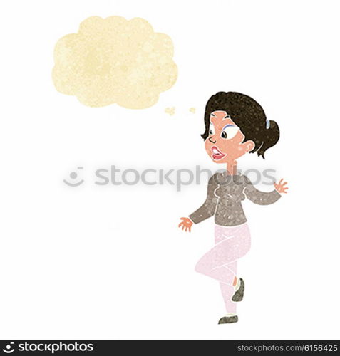 cartoon friendly woman waving with thought bubble