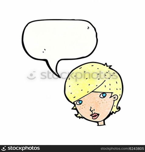 cartoon friendly woman with speech bubble