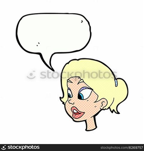 cartoon friendly woman with speech bubble