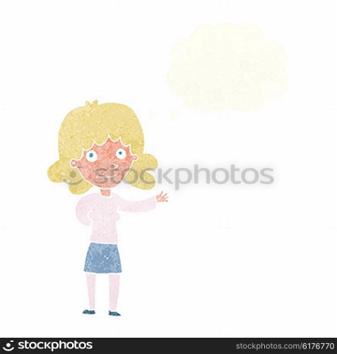 cartoon friendly woman with thought bubble