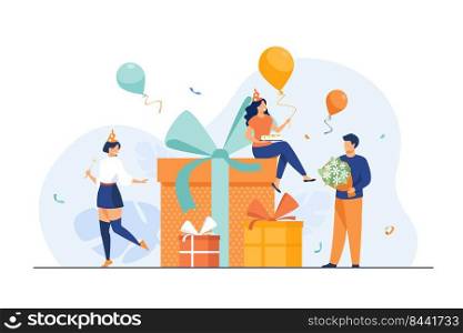 Cartoon friends celebrating birthday with balloons and gifts isolated flat vector illustration. Happy characters with present boxes at Christmas party. Celebration and event concept