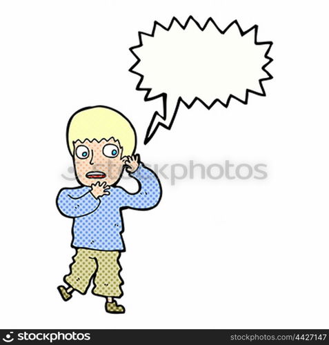 cartoon frightened boy with speech bubble