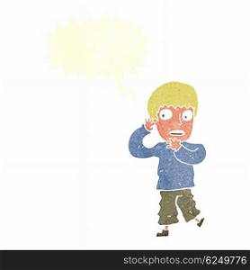cartoon frightened boy with speech bubble