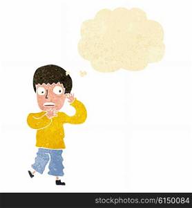 cartoon frightened boy with thought bubble