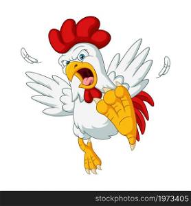 Cartoon frightened chicken on white background