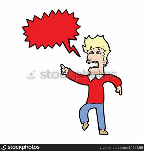 cartoon frightened man pointing with speech bubble