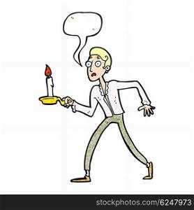 cartoon frightened man walking with candlestick with speech bubble