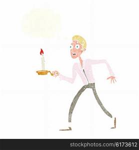 cartoon frightened man walking with candlestick with thought bubble