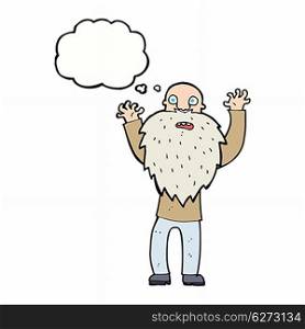 cartoon frightened old man with beard with thought bubble
