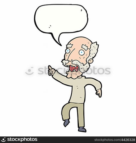 cartoon frightened old man with speech bubble