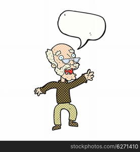 cartoon frightened old man with speech bubble