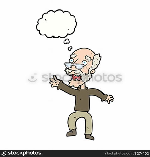 cartoon frightened old man with thought bubble