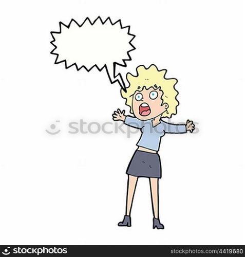 cartoon frightened woman with speech bubble