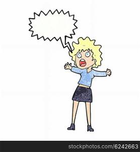 cartoon frightened woman with speech bubble