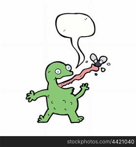 cartoon frog catching fly with speech bubble