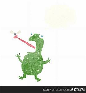 cartoon frog catching fly with thought bubble