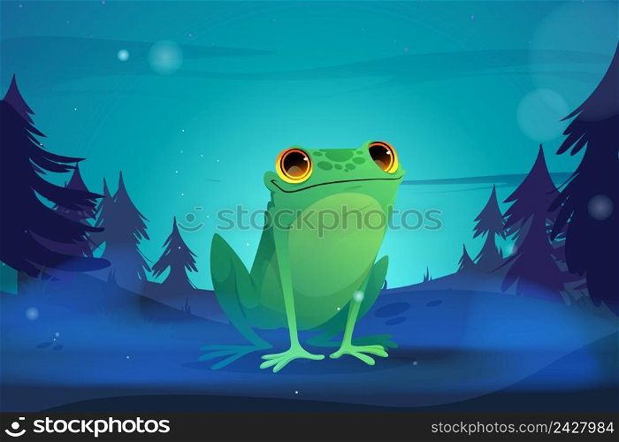 Cartoon frog in night forest. Wild funny toad with green skin, amphibians animal at wildlife environment. Vector illustration for kids book or game, zoology child education, fauna character in nature. Cartoon frog in night forest, wild funny toad
